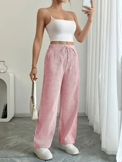Effortless Striped Linen Wide Leg Pants for Women with Drawstring Waist Pocket Casual Style