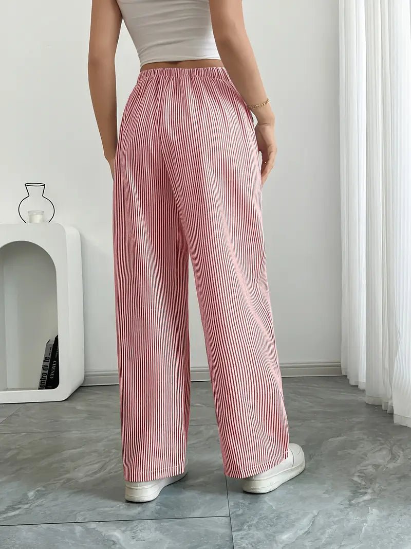 Effortless Striped Linen Wide Leg Pants for Women with Drawstring Waist Pocket Casual Style
