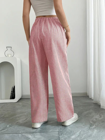 Effortless Striped Linen Wide Leg Pants for Women with Drawstring Waist Pocket Casual Style