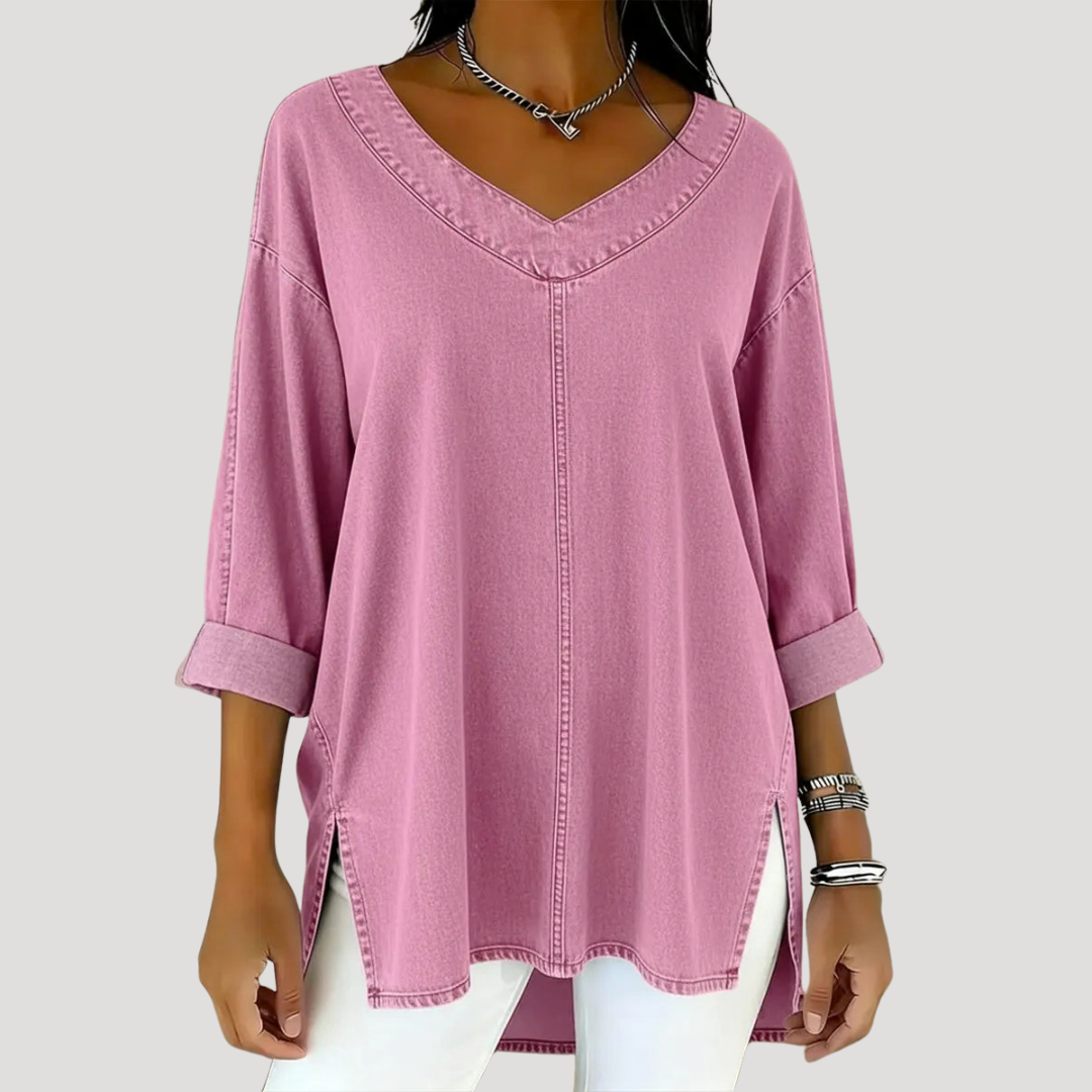Effortless Blouses for Women with V-Neck Cuffed Sleeve Relaxed Style