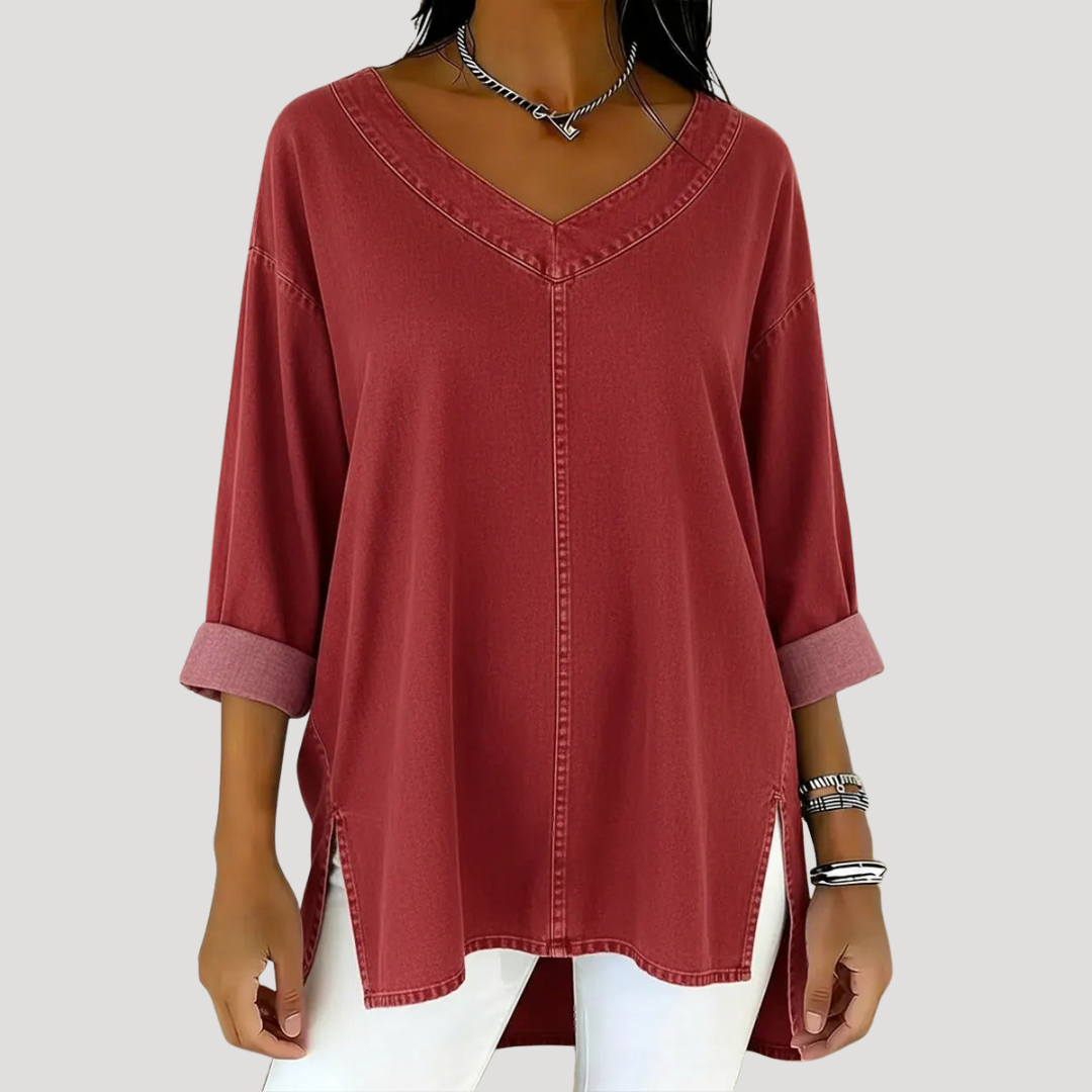 Effortless Blouses for Women with V-Neck Cuffed Sleeve Relaxed Style