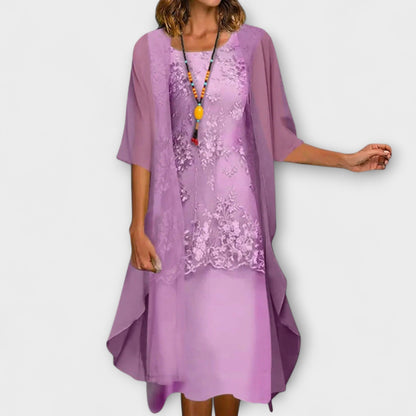 Elegant Floral Dress for Women with Round Neck Wide Sleeve