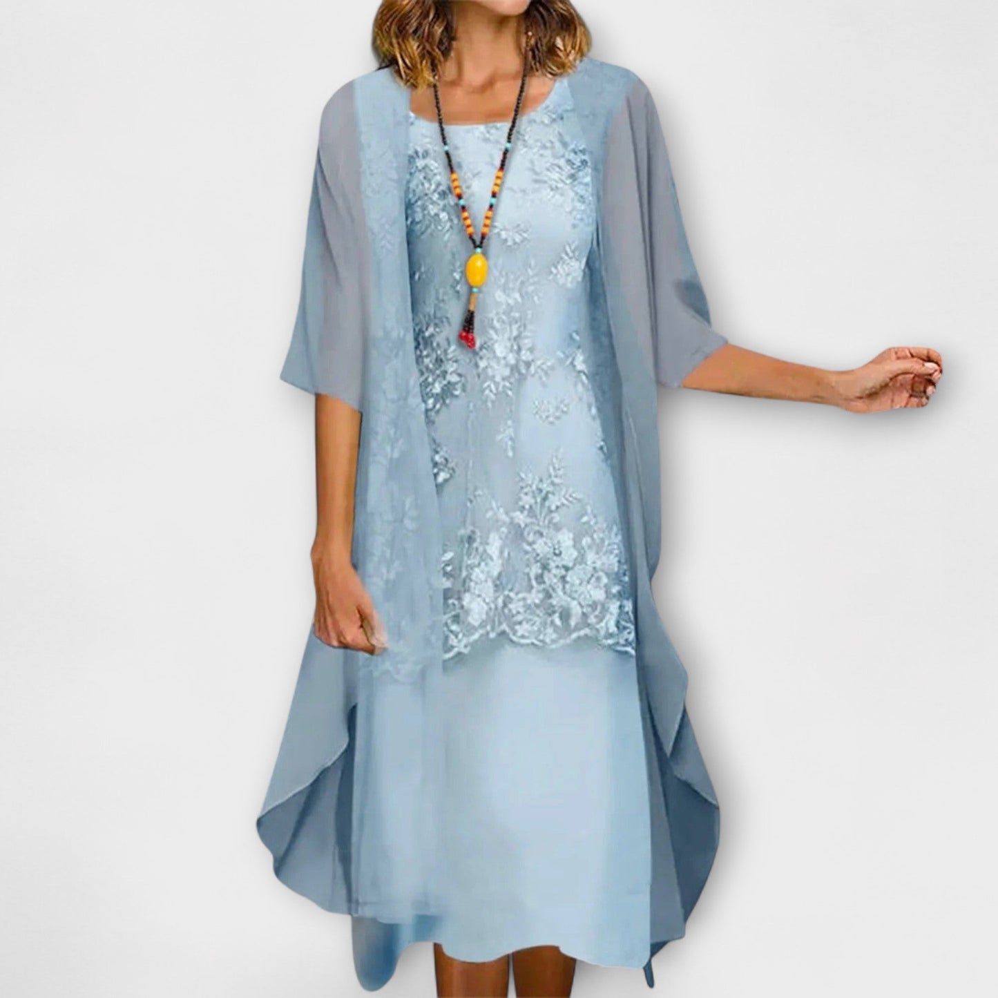 Elegant Floral Dress for Women with Round Neck Wide Sleeve