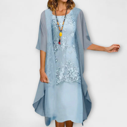 Elegant Floral Dress for Women with Round Neck Wide Sleeve