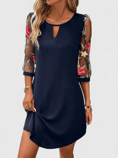 Effortless Floral Embroidered Mesh Sleeve Casual Dresses for Women with Keyhole Neckline Mini Style