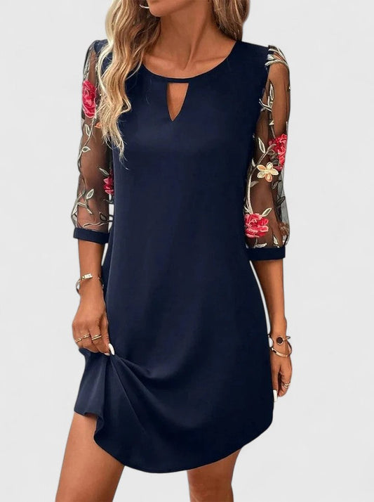 Effortless Floral Embroidered Mesh Sleeve Casual Dresses for Women with Keyhole Neckline Mini Style