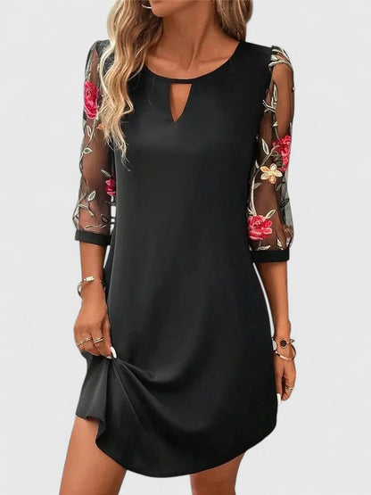 Effortless Floral Embroidered Mesh Sleeve Casual Dresses for Women with Keyhole Neckline Mini Style