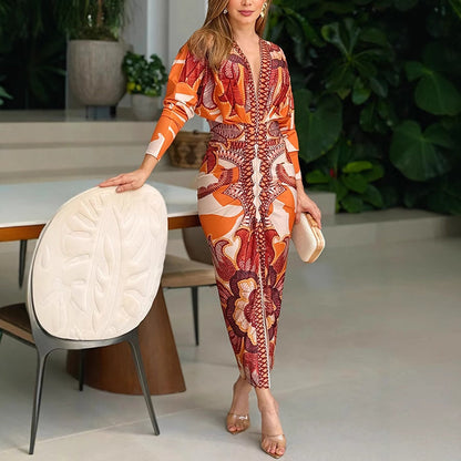 Elegant Orange Floral Maxi Dress for Women with V-Neck Wrap Front Slit Style