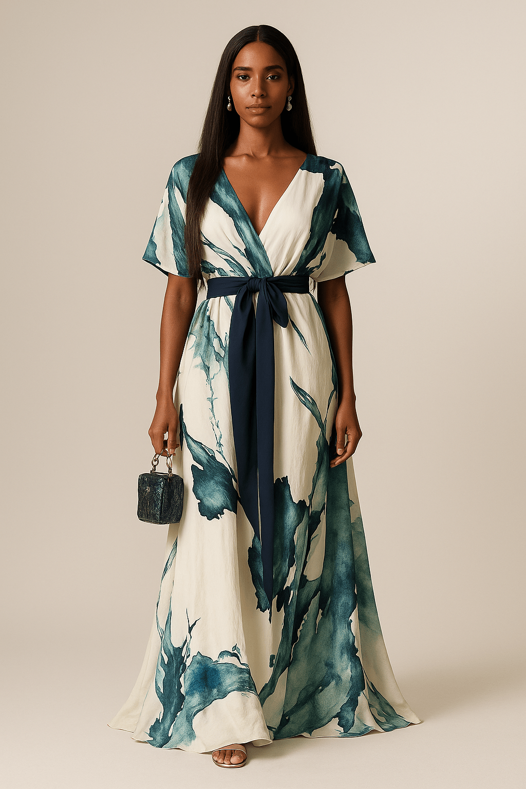 Elegant Green Watercolor Evening Dress for Women with V Neck Formal Wedding Guest Style