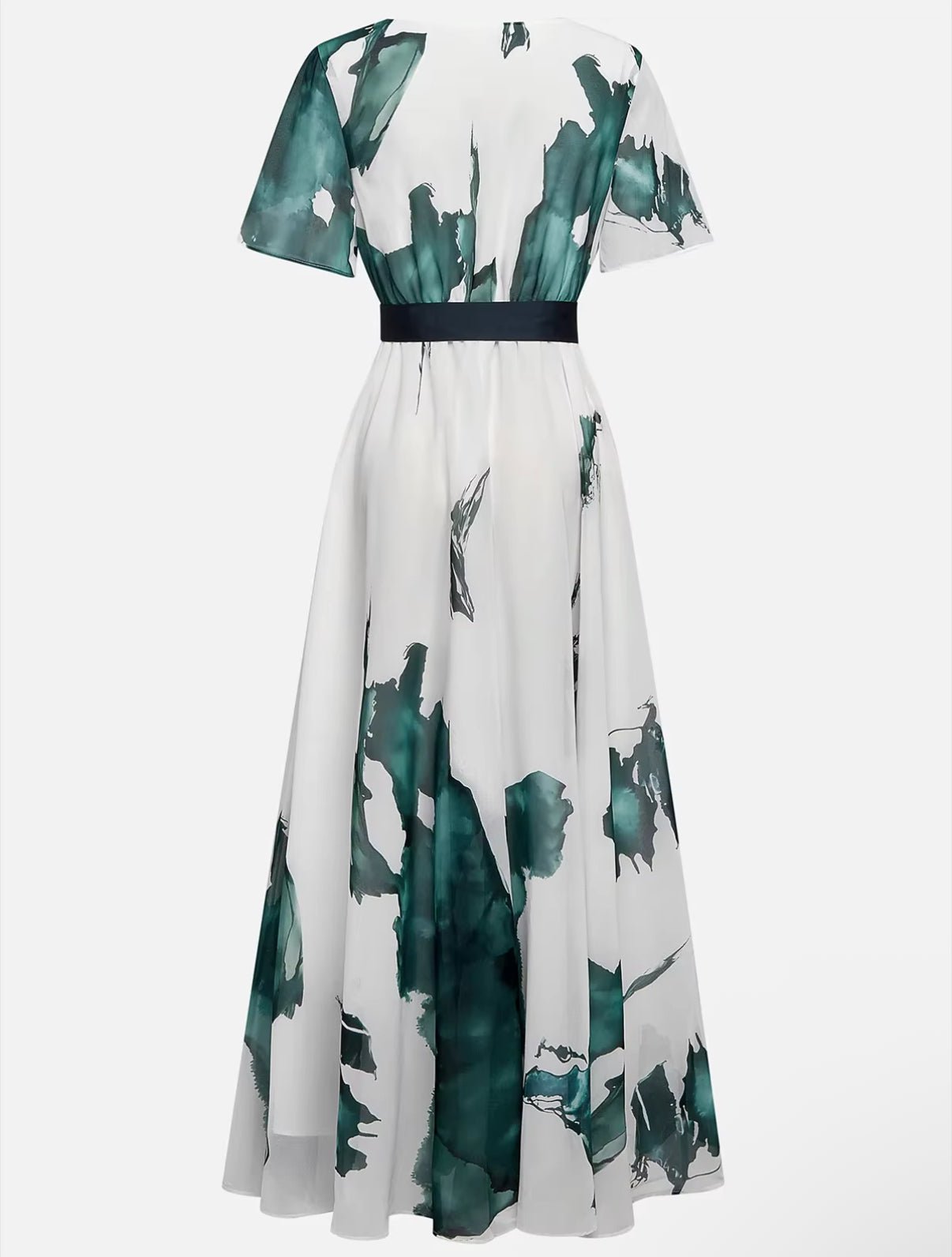 Elegant Green Watercolor Evening Dress for Women with V Neck Formal Wedding Guest Style