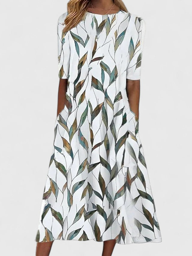 Effortless Floral Print Casual Dress for Women with Short Sleeve Pocket A-Line Midi Style