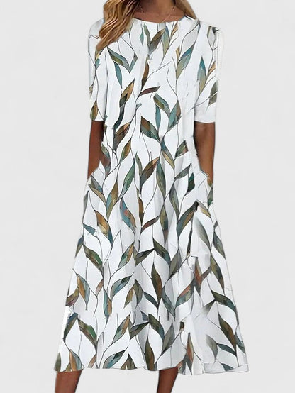 Effortless Floral Print Casual Dress for Women with Short Sleeve Pocket A-Line Midi Style