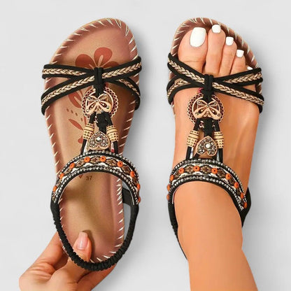Elegant Orthopedic Sandals for Women with Beaded Embellishment Toe Loop Elastic Strap Casual Summer Style