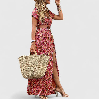 Effortless Floral Wrap Maxi Dress for Women with V-Neck Cap Sleeve Side Slit