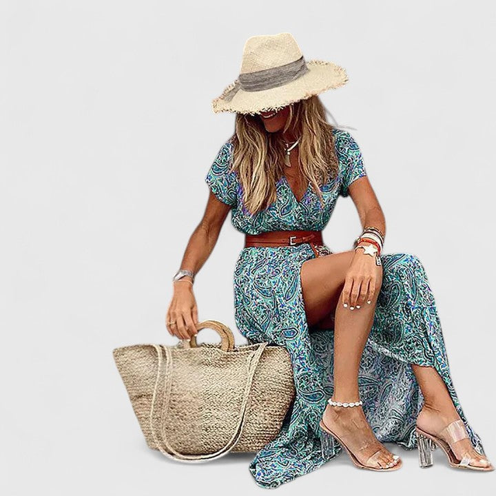 Effortless Floral Wrap Maxi Dress for Women with V-Neck Cap Sleeve Side Slit