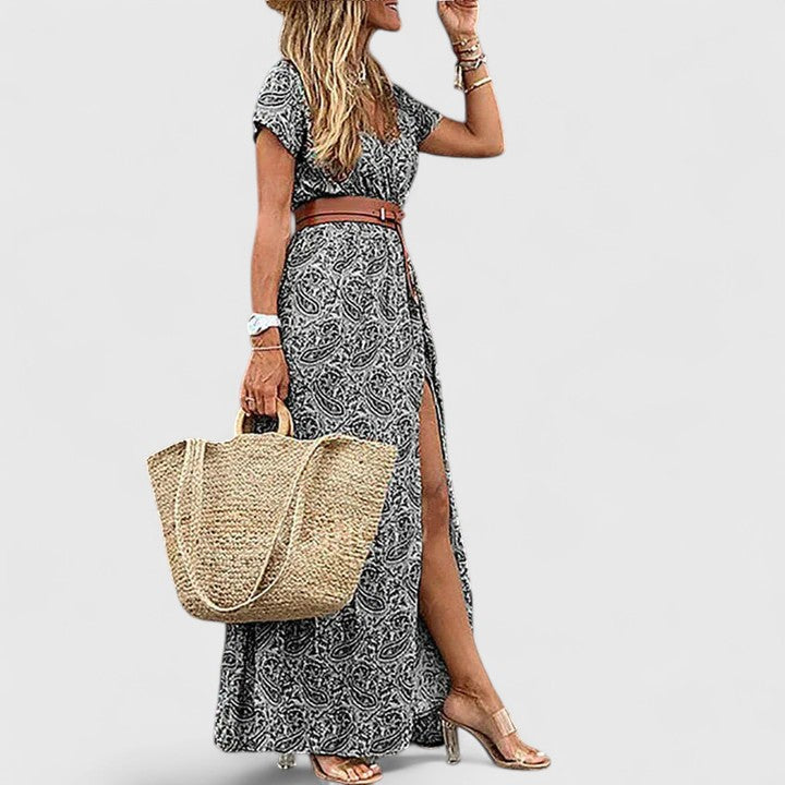Effortless Floral Wrap Maxi Dress for Women with V-Neck Cap Sleeve Side Slit