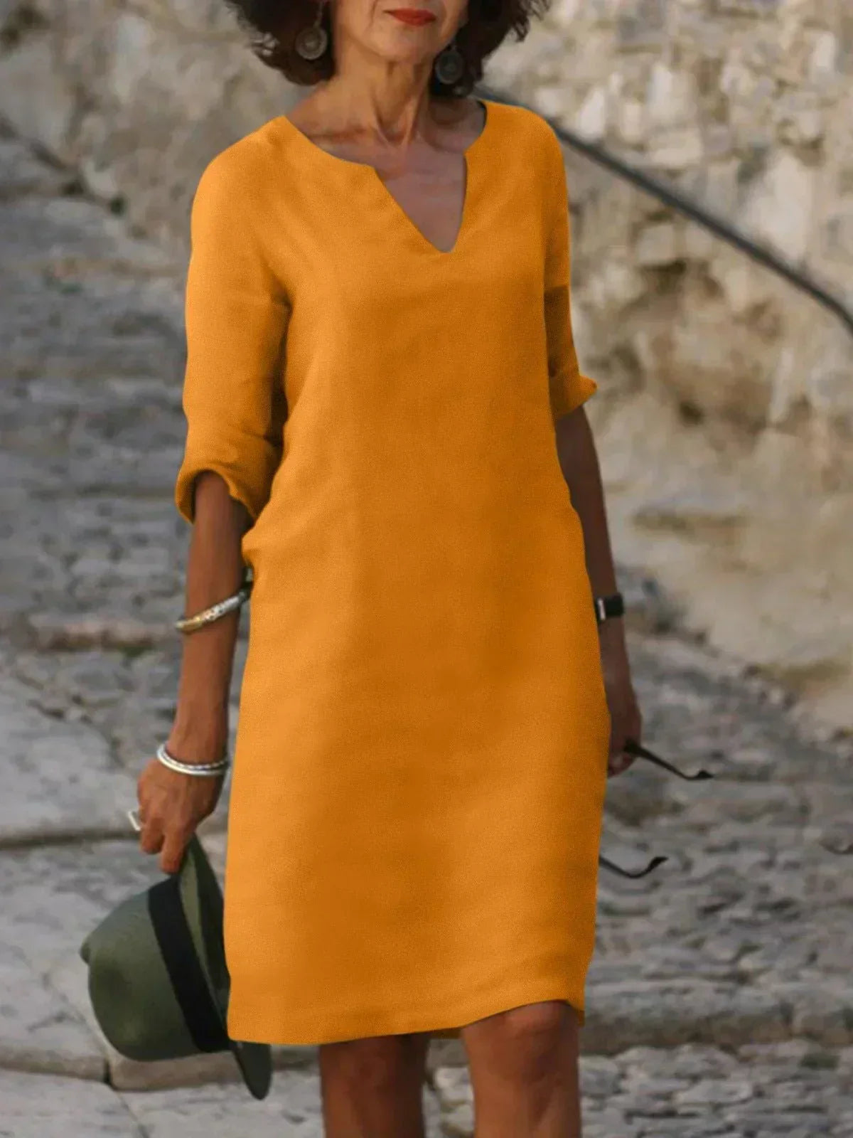 Stylish Midi Dress for Women with V Neck Draped