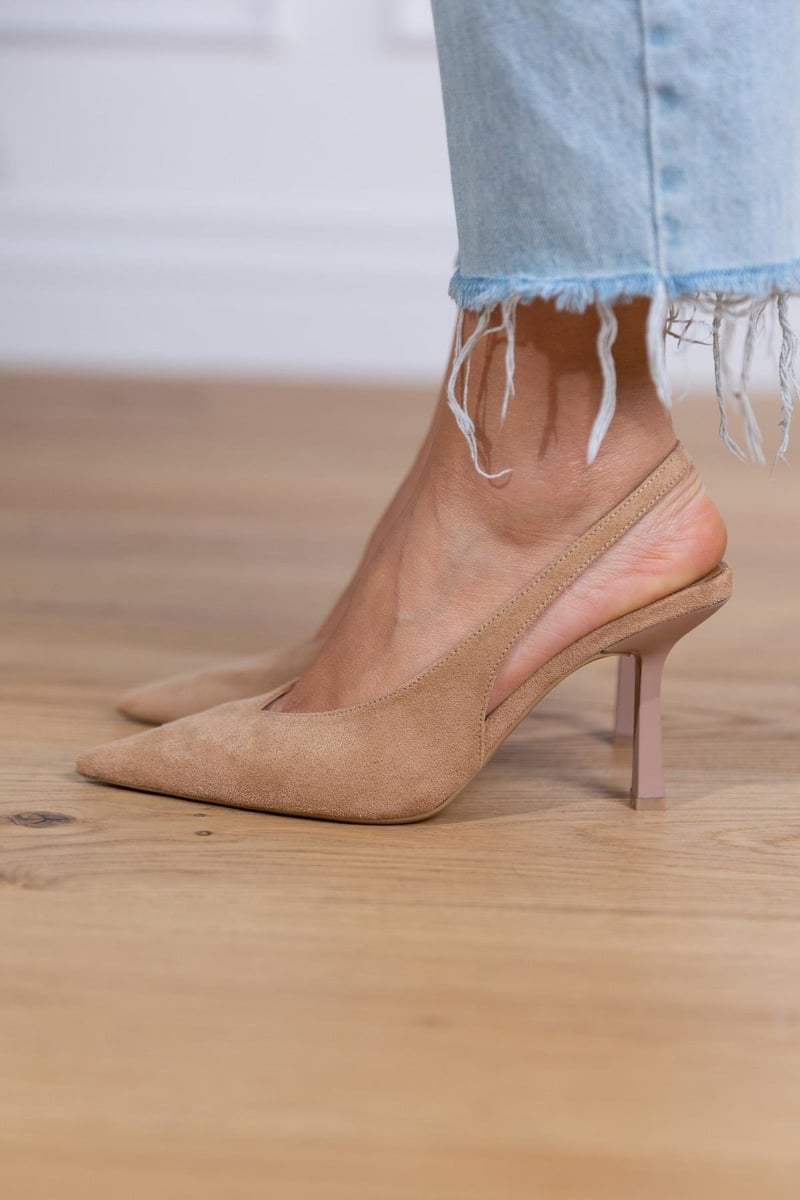 Elegant Beige Sandals for Women with Pointed Toe Slingback Stiletto Heel Suede Slip On Pump Formal Style
