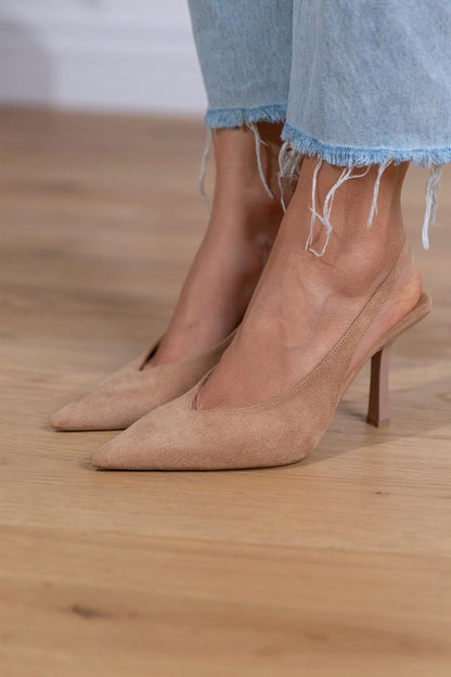 Elegant Beige Sandals for Women with Pointed Toe Slingback Stiletto Heel Suede Slip On Pump Formal Style
