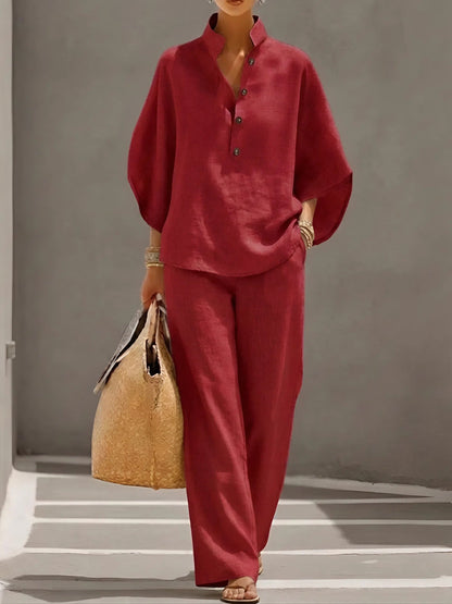 Comfortable Two Piece Set for Women with Collared Wide Leg