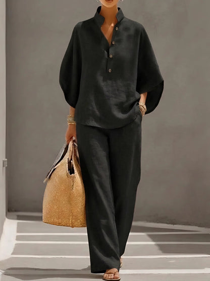 Comfortable Two Piece Set for Women with Collared Wide Leg