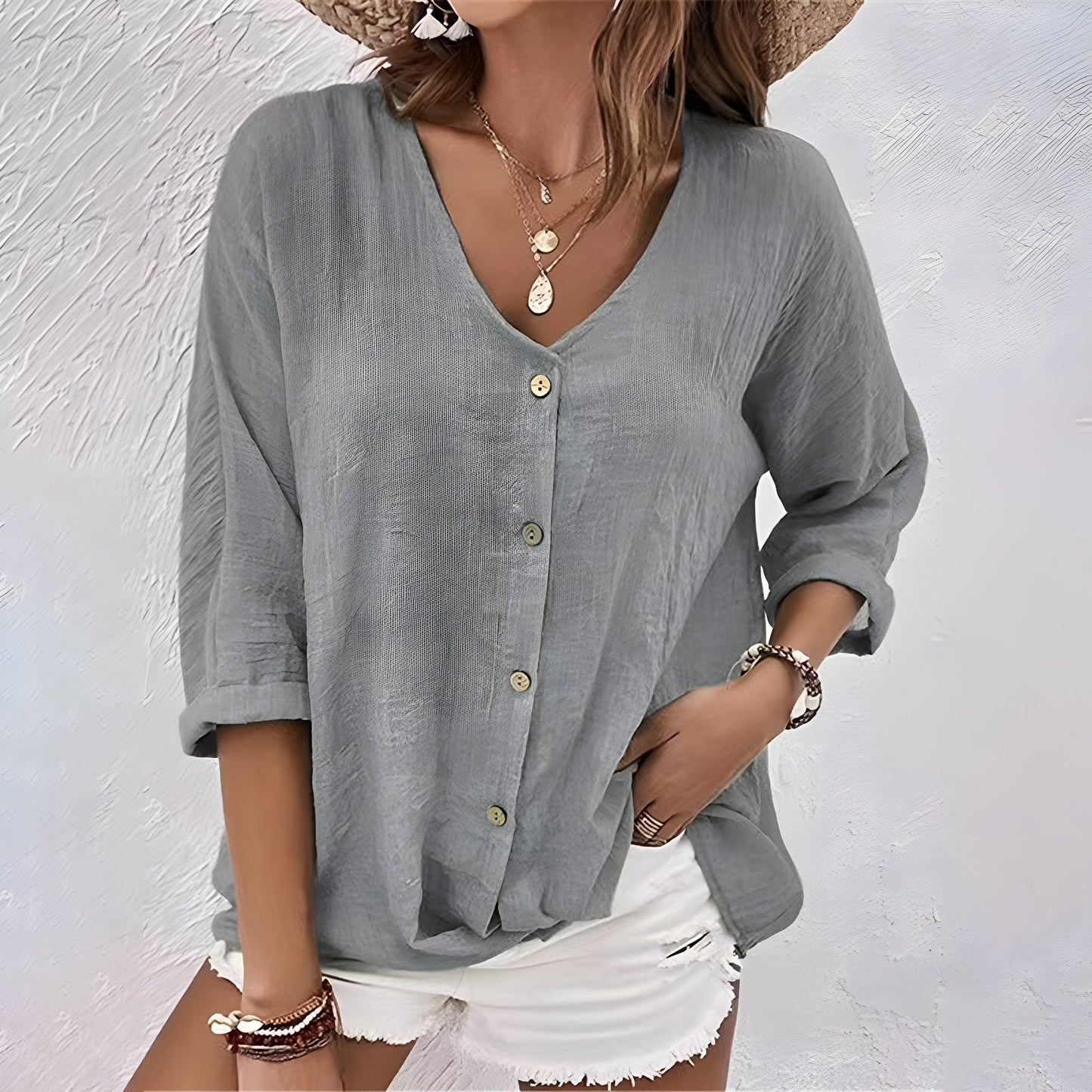 Elegant Blouse for Women with V Neck Button Up