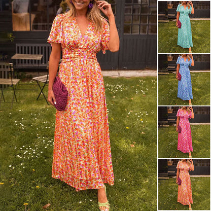 Elegant Floral Evening Dress for Women with V Neck Formal Wedding Guest Style