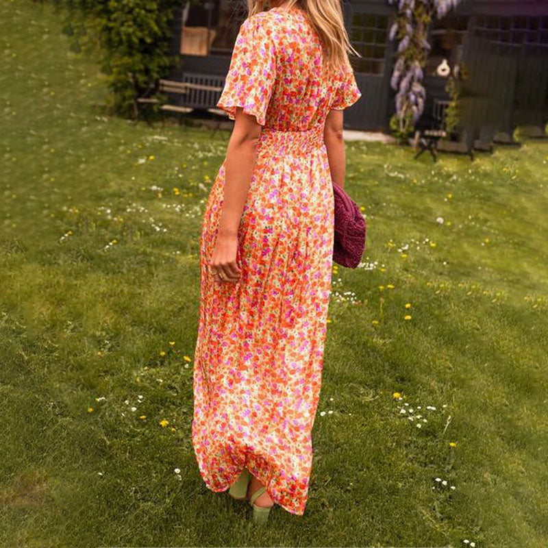 Elegant Floral Evening Dress for Women with V Neck Formal Wedding Guest Style