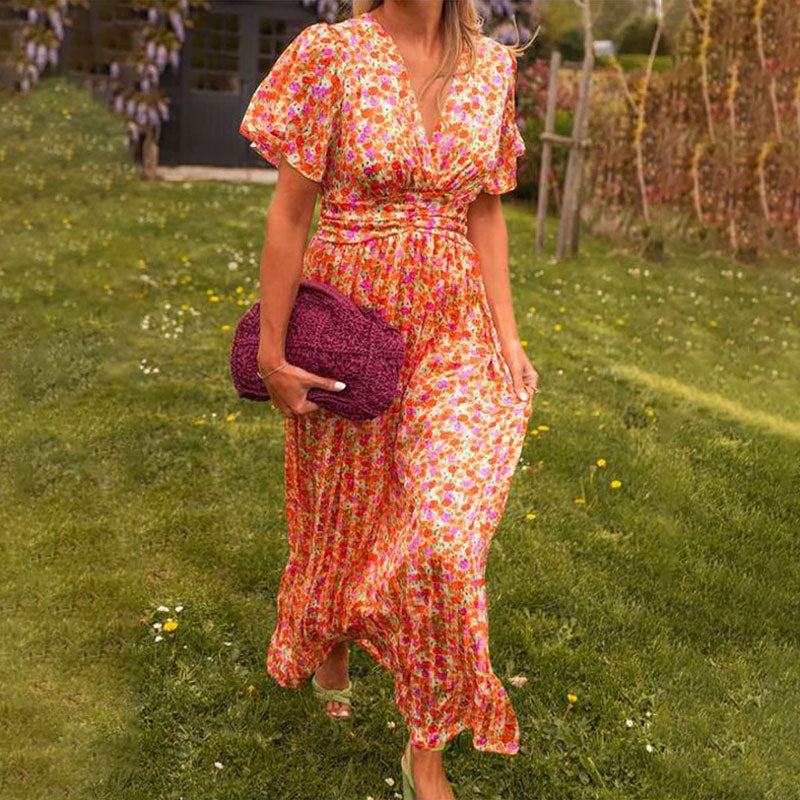 Elegant Floral Evening Dress for Women with V Neck Formal Wedding Guest Style