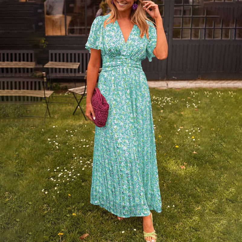 Elegant Floral Evening Dress for Women with V Neck Formal Wedding Guest Style