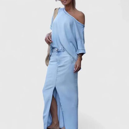 Effortless Denim Maxi Skirt Set for Women with Off Shoulder Top Belted Waist Front Slit Casual Style