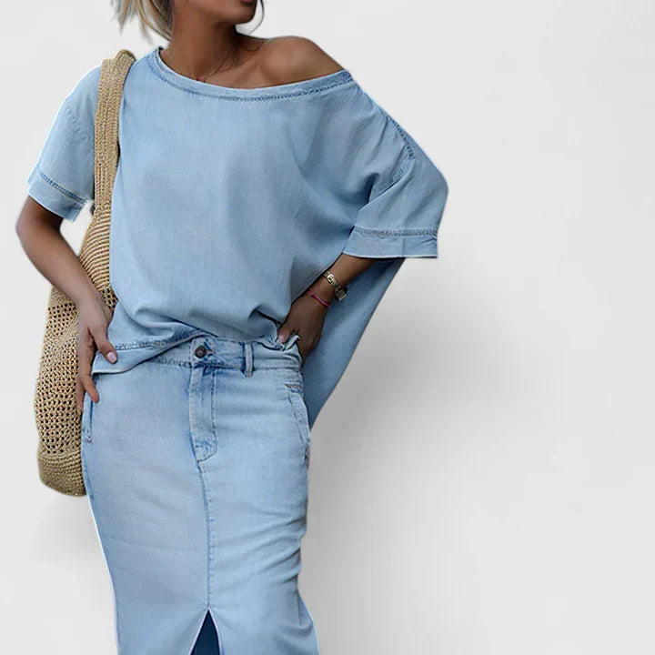 Effortless Denim Maxi Skirt Set for Women with Off Shoulder Top Belted Waist Front Slit Casual Style