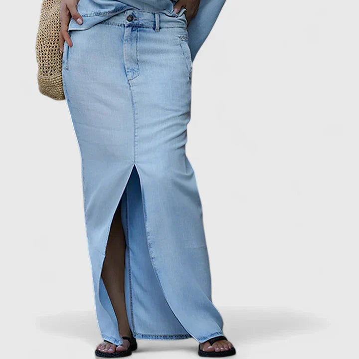 Effortless Denim Maxi Skirt Set for Women with Off Shoulder Top Belted Waist Front Slit Casual Style