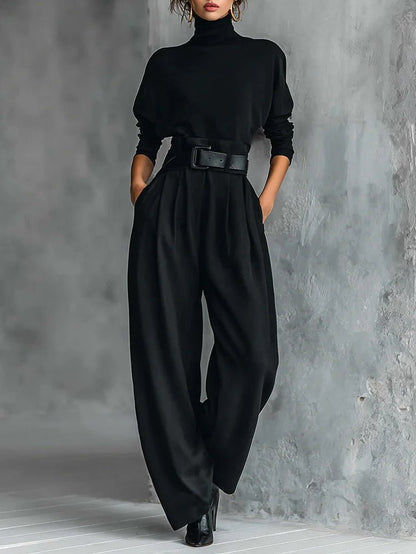 Elegant Turtleneck Jumpsuit for Women with Long Sleeve High Waist Belt Wide Leg Style