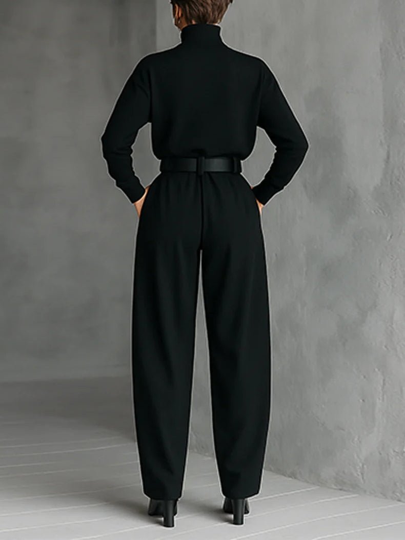 Elegant Turtleneck Jumpsuit for Women with Long Sleeve High Waist Belt Wide Leg Style
