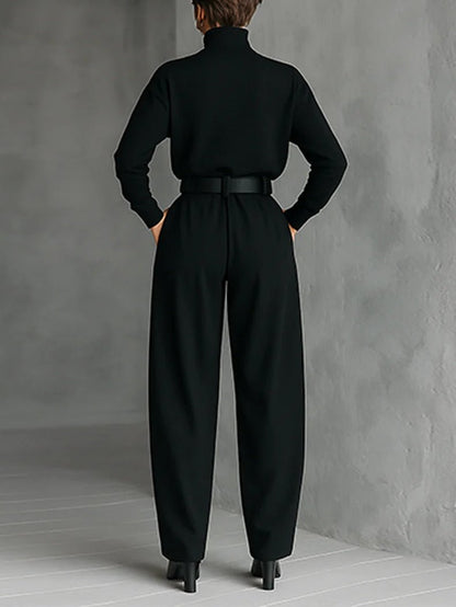 Elegant Turtleneck Jumpsuit for Women with Long Sleeve High Waist Belt Wide Leg Style