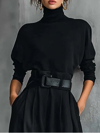 Elegant Turtleneck Jumpsuit for Women with Long Sleeve High Waist Belt Wide Leg Style