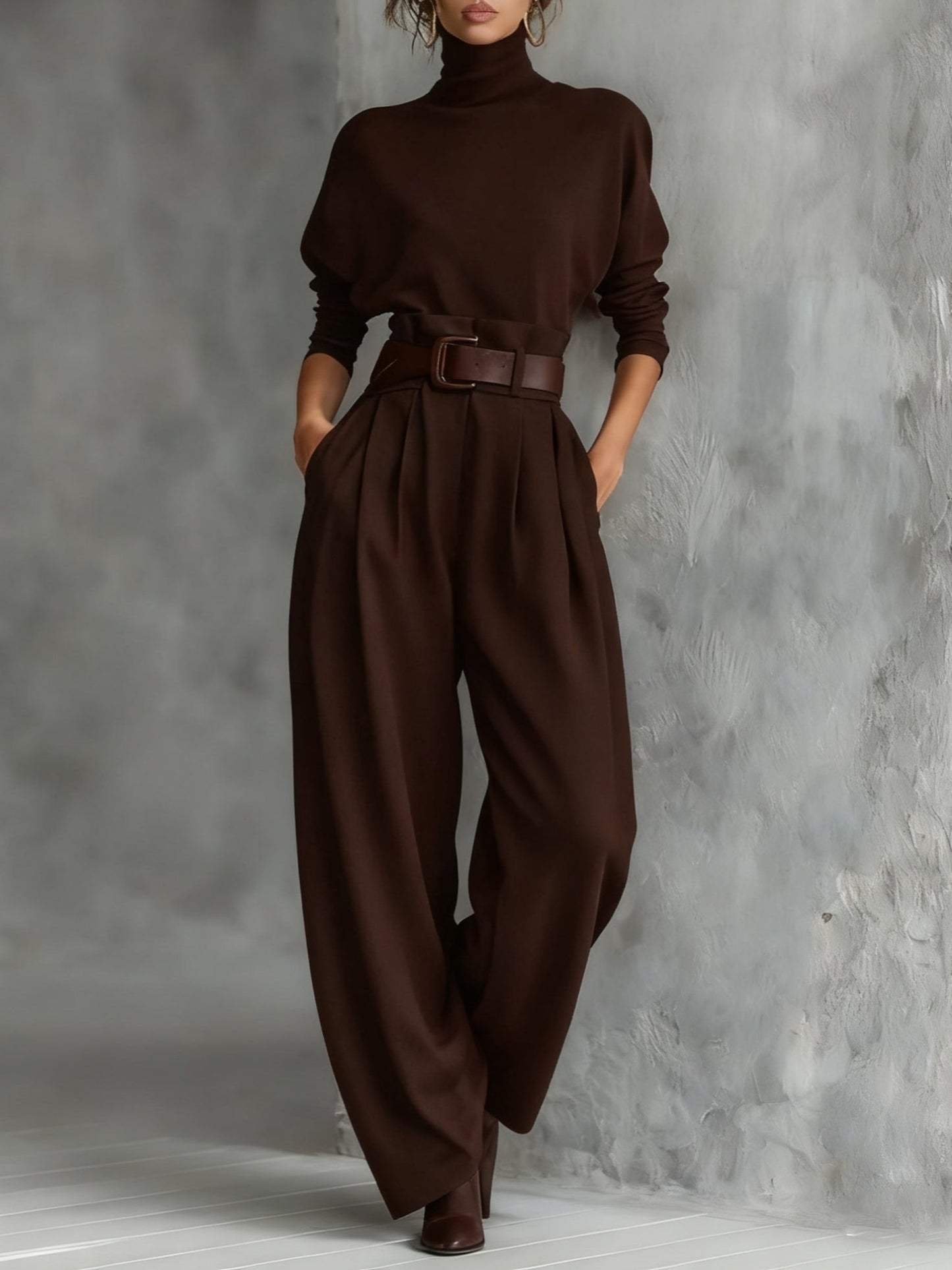Elegant Turtleneck Jumpsuit for Women with Long Sleeve High Waist Belt Wide Leg Style