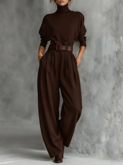 Elegant Turtleneck Jumpsuit for Women with Long Sleeve High Waist Belt Wide Leg Style