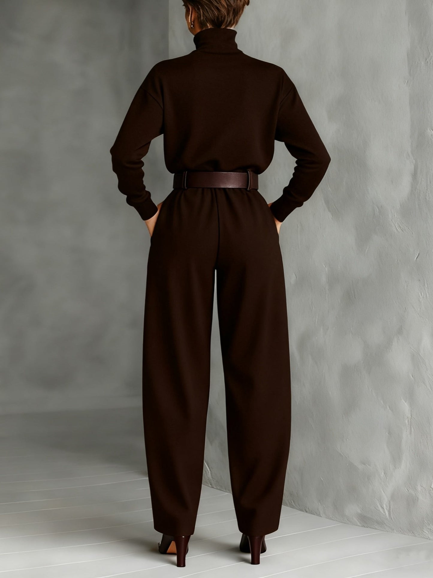 Elegant Turtleneck Jumpsuit for Women with Long Sleeve High Waist Belt Wide Leg Style