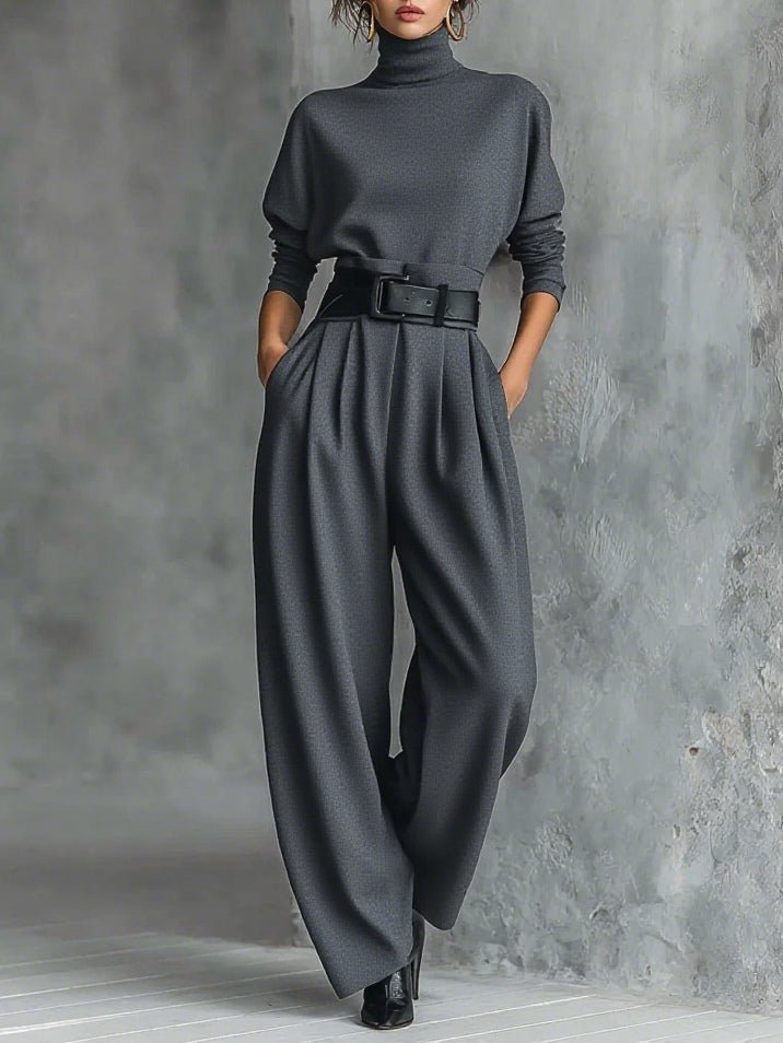 Elegant Turtleneck Jumpsuit for Women with Long Sleeve High Waist Belt Wide Leg Style