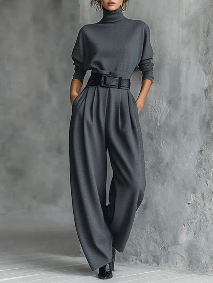 Elegant Turtleneck Jumpsuit for Women with Long Sleeve High Waist Belt Wide Leg Style
