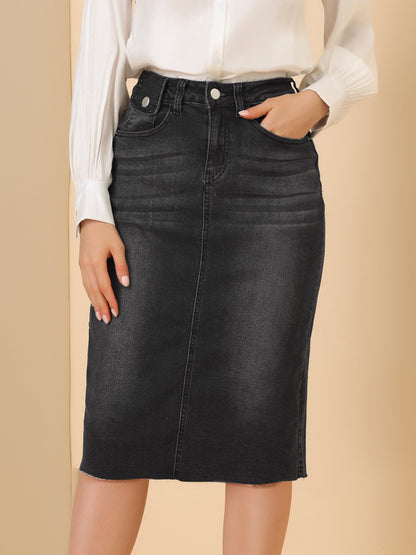 Elegant Denim Midi Skirt for Women with High Waist Fitted Straight Style