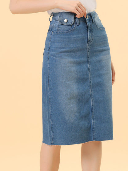 Elegant Denim Midi Skirt for Women with High Waist Fitted Straight Style