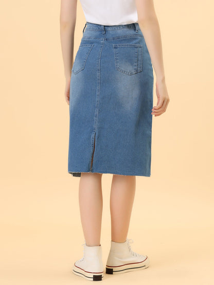 Elegant Denim Midi Skirt for Women with High Waist Fitted Straight Style