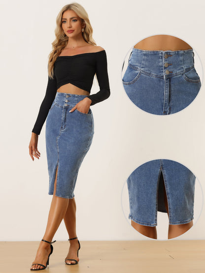 Elegant Denim Midi Skirt for Women with High Waist Fitted Side Slit Style