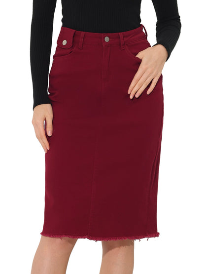 Elegant Denim Midi Skirt for Women with High Waist Fitted Straight Style