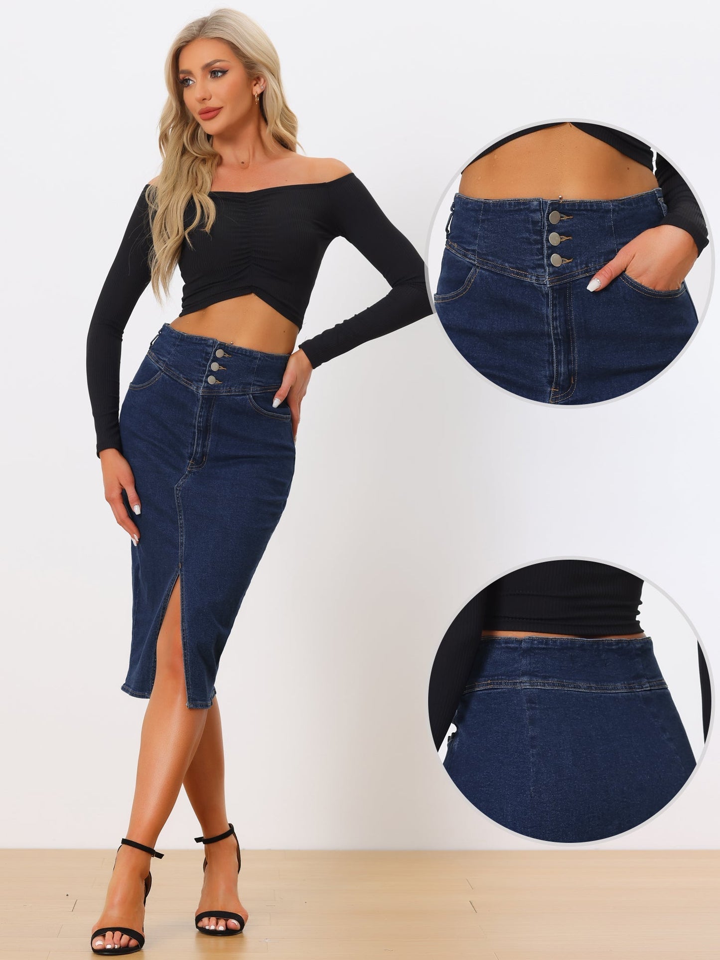 Elegant Denim Midi Skirt for Women with High Waist Fitted Side Slit Style