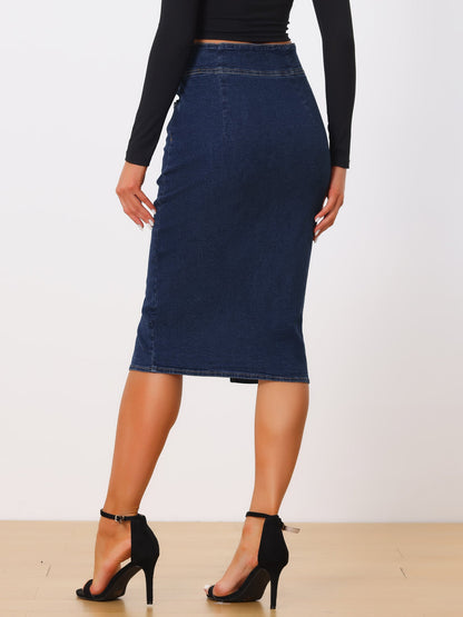 Elegant Denim Midi Skirt for Women with High Waist Fitted Side Slit Style