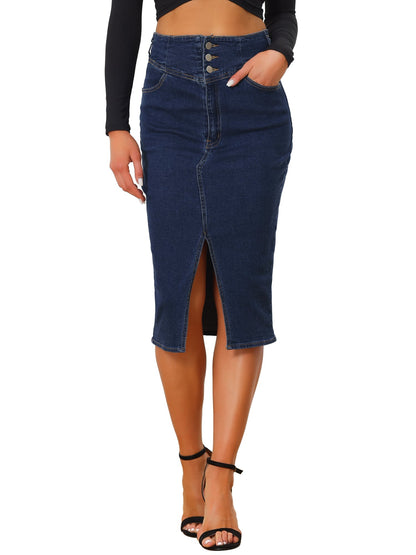 Elegant Denim Midi Skirt for Women with High Waist Fitted Side Slit Style